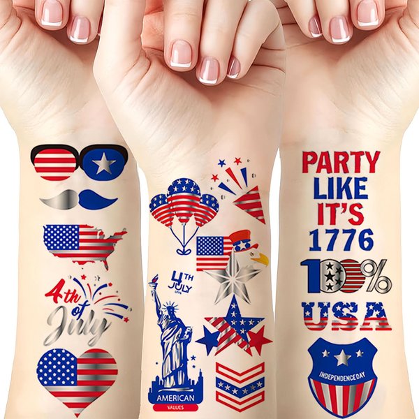 FULANSI 4th of July Temporary Tattoos Patriotic Fake Tattoos USA Flag Star Tattoo Kit Face Tattoo Stickers Independence Day Parade Party Makeup Body Face Eye Decor Supplies