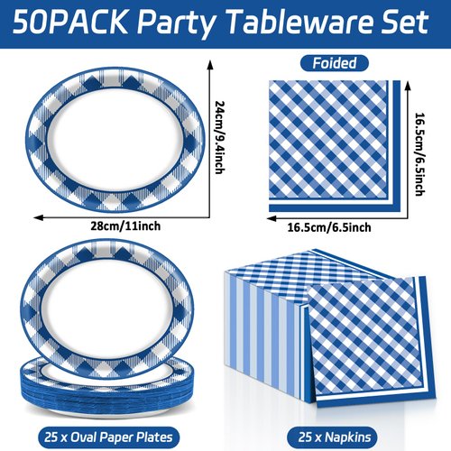 QOUBAI Gingham Oval Paper Plates 11inch Blue and White Checkered Plates and Napkins, Blue and White Plaid Birthday Tableware Outdoor for BBQ Gathering Picnic Blue Boys Theme Party Supplies, 25 Guest
