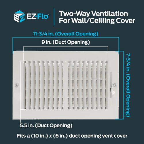 EZ-FLO 10 x 6 Inch (Duct Opening) White Air Vent Cover for Wall or Ceiling, Two-Way Ventilation Register, 13-3/4 Inch x 7-3/4 Inch (Overall Dimensions), Solid Steel HVAC Cover, 61610