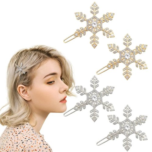 Snowflake Rhinestone Hair Clips Crystal Hairpin Barrette Gold Silver Wedding Bridal Christmas Ornaments Hair Accessories for Women Girls 4 PCS