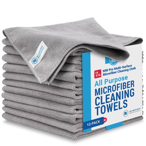 MW Pro Microfiber Cleaning Cloths (12 Pack) | Size 16" x 16"| All Purpose Microfiber Towels - Clean, Dust, Polish, Scrub, Absorbent (Gray)