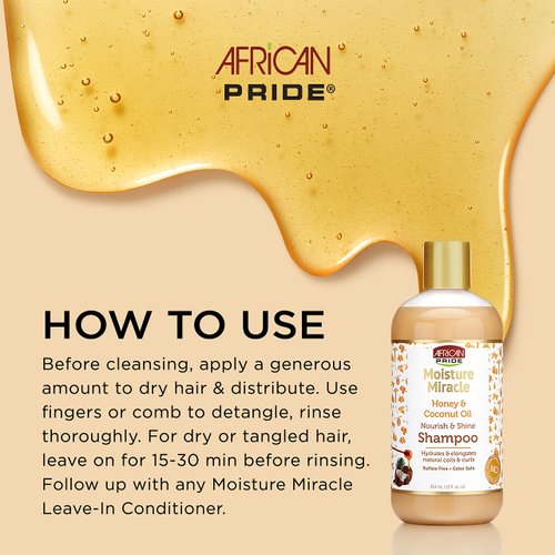 African Pride Moisture Miracle Honey & Coconut Oil Shampoo - For Natural Coils & Curls, Nourishes & Shines, Sulfate Free, Color Safe, 12 oz.