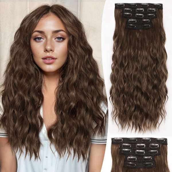 ALXNAN Clip in Hair Extensions, 16" Brown Thick Long Mermaid Waves Hair Extensions Invisible Lace Weft Soft Hairpieces For Women