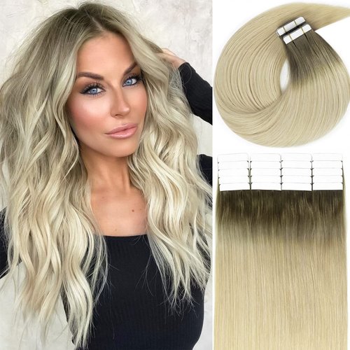 Lacerhair Natural Hair Remy Tape in Human Hair Extensions #8G/60A Light Ash Brown to Light Platinum Blond Dip Dyed Seamless PU Skin Weft Real Remy Invisible Hair Double Side 50g 20pcs 18inch