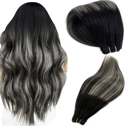 Hand Tied Weft Hair Extensions Human Hair Bundles 18Inch Remy Hair Highlight Sew in Extensions #1B Black to Silver Ombre Highlight Remy Hair Bundles Silky Straight Double Weft Sew in Weft 100Gram