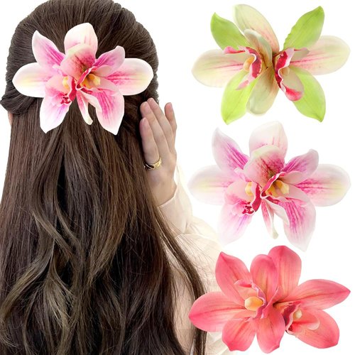Qojai Orchid Hair Clip - 3 Pcs Floral Hair Clips for Women in Pink, Red, Green - Hair Pins for Thick or Thin Hair - Hair Accessories for Beach, Wedding, Party, Daily Use