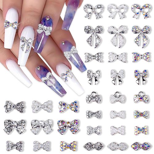 XEAOHESY 33 Pieces Silver Alloy Nail Bow Charms for Nails Bow Nail Charms Gems Bowknot Nail Studs Inlaid Pearl Clear Iridescent Rhinestone for Women Girls Nail Art Decorations