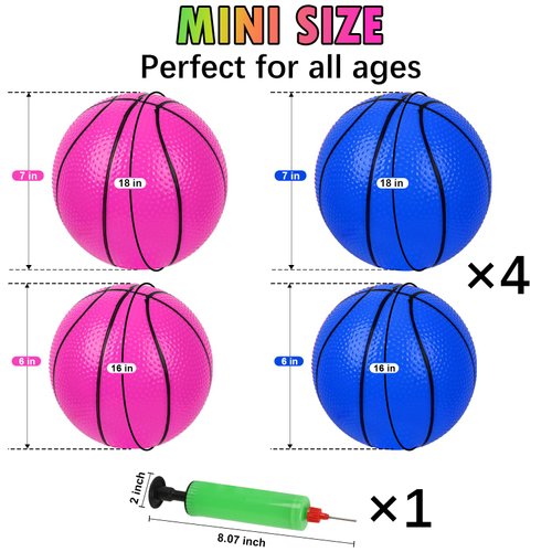 FAKOFIS Mini Basketball with Pump 6 Inch 7 Inch Replacement Basketball for Mini Hoops,Small Toy Basketball for Kids Indoor Outdoor Play (with 4 Packs)