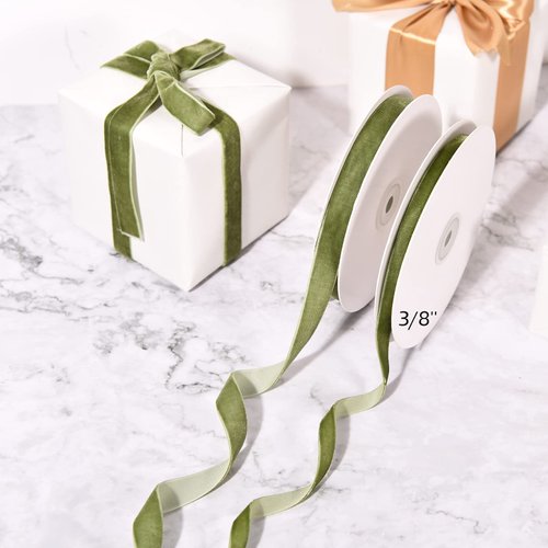 Velvet Ribbon for Gift Wrapping Christmas Tree DIY Crafts, Vintage Olive Green Ribbon for Wedding Valentine's Day Hair Bows Flower Home Garland Party Decoration 3/8'' x 10 Yards x 1 Roll