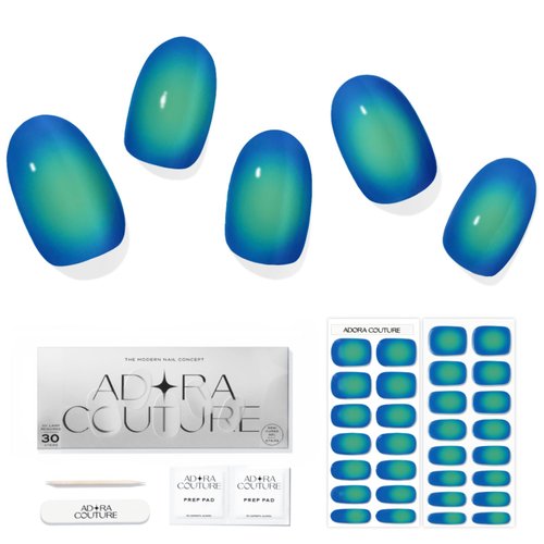 ADORA COUTURE Semi Cured Gel Nail Strips Kit | 30pcs Uv Gel Nail Stickers with Uv Light | Aura Green Blue Nail Wrap | Nail Gel Stickers for Nails Uv Light (Serene Aura)