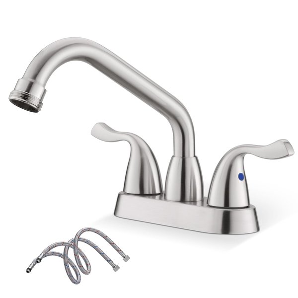 Phiestina Brushed Nickel Utility Sink/Laundry Faucet, 4 Inch Centerest 2 or 3 Hole Rotatable Swivel 360° Spout with Threaded End, with Water Supply Line, BF25-7-BN