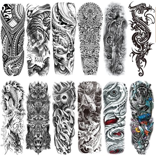 CUTELIILI Halloween Full arm temporary tattoo,12sheets (L19“xW7”) Sleeve Tattoos temporary, Demon Fake Tattoos That Look Real, Tiger Dragon Koi Evil Eyes