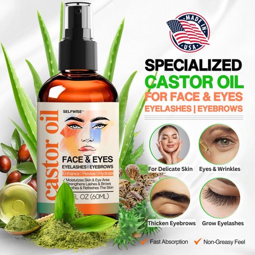 SELFWISE Organic Castor Oil Face Moisturizer for Eyelashes, Eyebrows, Wrinkles with Jojoba, Rosehip, Grapeseed, Squalane, Palmarosa, Bergamot, and Vitamin E, Skin Care for Oily, Dry Skin, 2oz