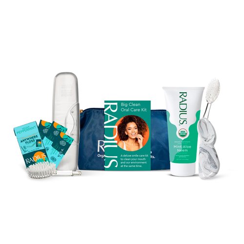 RADIUS Big Clean Deluxe Oral Care Gift Set (Big Brush With Replaceable Head Right Hand, Mint Aloe Neem Organic Toothpaste, Vegan Xylitol Mint Floss, Travel Case), 1 Count