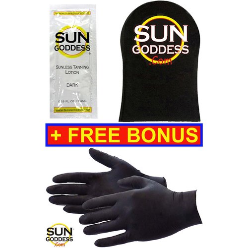 Sun Goddess (1) Sunless Self Tanner Lotion Sample + FREE BONUS (1) Sunless Self Tan Applicator Mitt + (1) PAIR of Sunless Self Tanning Applicator Gloves - Best Sunless Self Tanning Lotion Mitt Gloves