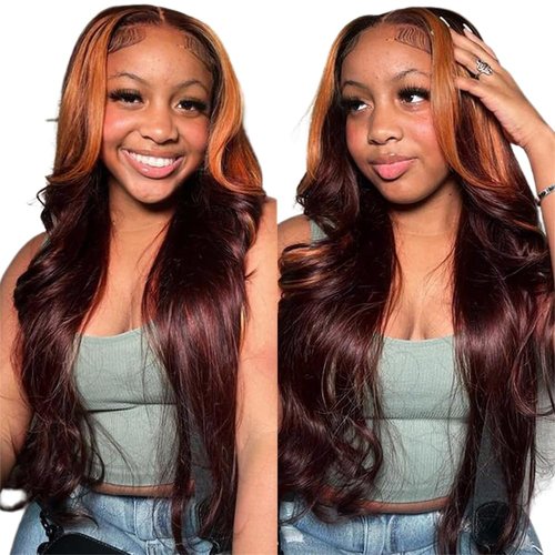 Ginger Skunk Stripe Wig Human Hair Reddish Brown With Ginger Orange Body Wave 13x4 HD Lace Front Wigs 180% Density Autumn Brown with Highlight Ginger Colored Human Hair Wig 20 Inch