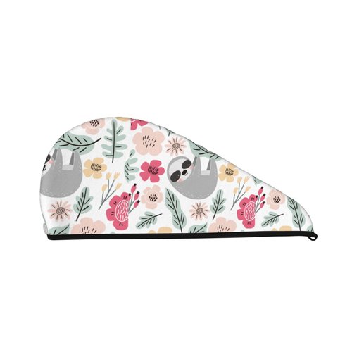 Sloth and Leaves Flower Microfiber Hair Towel Wrap,Super Absorbent Twist Turban for Women,Hair Caps with Buttons for Fast Drying Curly,Long & Thick Hair,Coral Velvet Dry Hair Cap