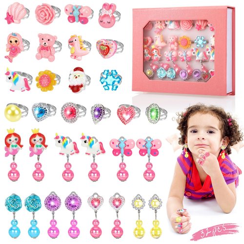 32-IN-1 Little Girls Jewelry Rings, Adjustable Toddler Ring in Box with 7 Pairs Clip On Earring, No Duplication Princess Dress Up Toy for Kids, Gift for 3 4 5 6 7 8 9 Year Old Girl Birthday Xmas Gifts