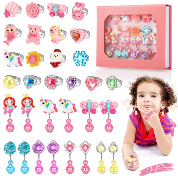 32-IN-1 Little Girls Jewelry Rings, Adjustable Toddler Ring in Box with 7 Pairs Clip On Earring, No Duplication Princess Dress Up Toy for Kids, Gift for 3 4 5 6 7 8 9 Year Old Girl Birthday Xmas Gifts