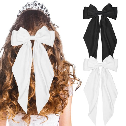 LSxia 2PCS Hair Bows for Women, [Black Hair Bow &amp; White Hair Bows] for Hair, Big Silky Satin Hair...