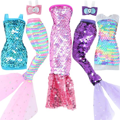 BLIJOLA Doll Clothes 5 Sets Sequins Dresses for 11.5 inch Girl Doll Including 2 Mermaid Clothes Swimwear 1 Evening Dress 2 Casual Dresses Party Outfits Fashion Show(Sequin A)