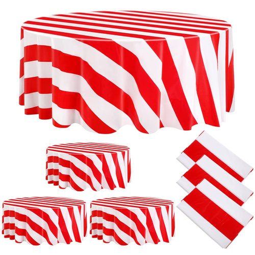 Tatuo 6 Pcs Red and White Round Circus Table Cloth 84 Inch Carnival Circus Tablecloths Striped Disposable Plastic Table Cover for Birthday Party Fiesta Theme Decorations Supplies