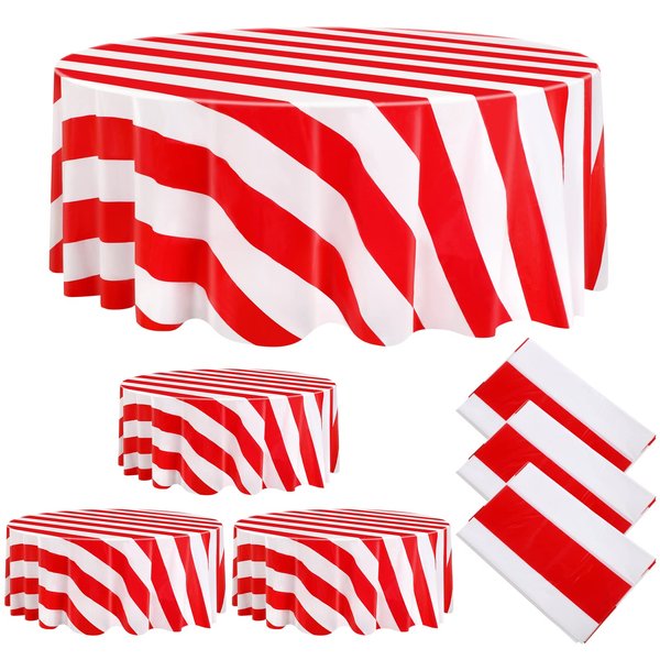 Tatuo 6 Pcs Red and White Round Circus Table Cloth 84 Inch Carnival Circus Tablecloths Striped Disposable Plastic Table Cover for Birthday Party Fiesta Theme Decorations Supplies