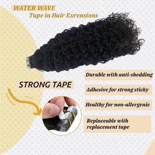 Water Wave Tape in Human Hair Extension for Black Women,9A Brazilian Human Hair Adhesive Tape in Hair Loose Wave Skin Weft Tape ins Human Hair Extension Full Ends 20PCS 50G(16inch #Natural Black)