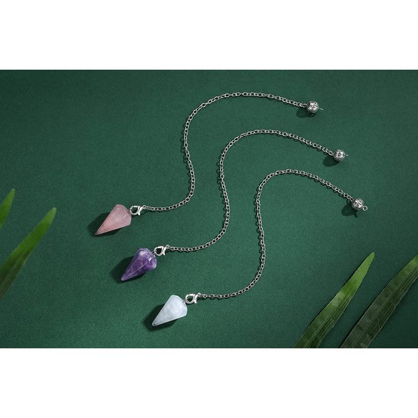 DUQGUHO 3 Pcs Crystal Pendulums Set for Divination Dowsing Natural Amethyst Rose Quartz Clear Quartz Healing Crystal Quartz Reiki Gemstone Pendants Witchcraft Wiccan Accessories