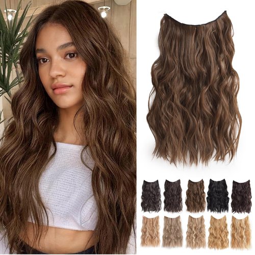 SHDanrtsey 21inch halo hair extension Adjustable Size 4 Secure Clips Invisible Wire Hair Extensions with Transparent Headband Wire hair Brown Long Wavy halo extensions（8M10#）