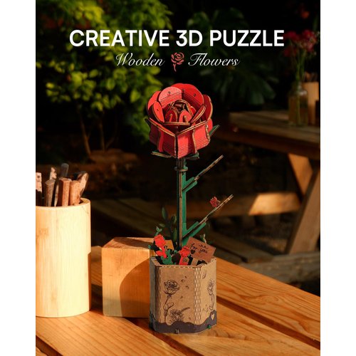 ROBOTIME 3D Puzzle Wooden Flower Red Rose DIY Model Kit to Build for Adults Artifical Bouquet Collection Craft Brain Teaser Puzzle Creative Gift Home Decor