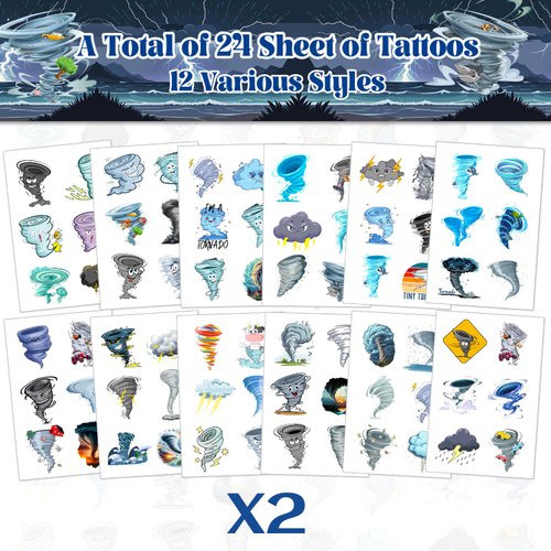 24 Sheets 144 PCS Tornado Temporary Tattoos Stickers, Tornado Party Favors Tornado Birthday Party Decorations Supplies Gifts for Kids Teens Adults Boys Girls Classroom Rewards