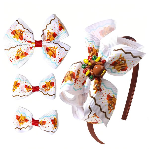 Vsdski Fall Headband Turkey Bow Hair Clips Cute Cartoon Hair Bands Set Thanksgiving Bows Hair Accessories for Woman Girls Brown Bowknot Hair Bands Autumn Harvest Party Headpiece Decor 4PCS