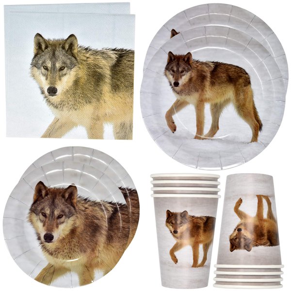 Wolf Jungle Safari Animal Party Supplies Tableware Set 24 9" Paper Plates 24 7" Plate 24 9 Oz Cups and 50 Lunch Napkins for Zoo Forest Animals Hunting Adventure Baby Shower Birthday Theme Decorations