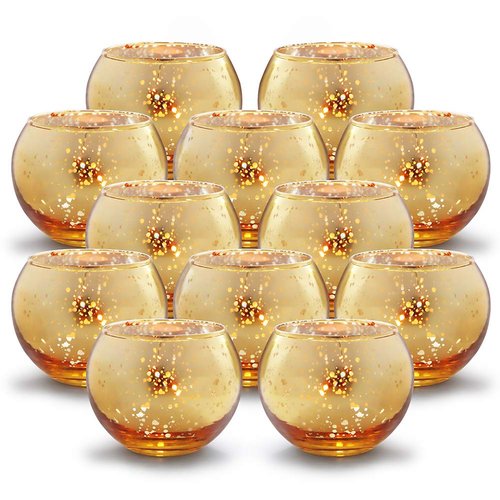 Volens Round Gold Votive Candle Holders, Mercury Glass Candle Holder Set of 12