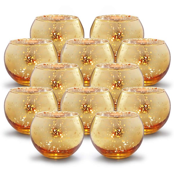 Volens Round Gold Votive Candle Holders, Mercury Glass Candle Holder Set of 12