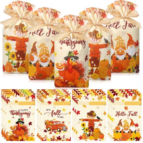 Qeeenar 60 Pcs Fall Plastic Treat Bags with Drawstring Small Autumn Gift Bags Bulk Maple Leaves Pumpkin Plastic Candy Goodie Bags for Fall Harvest Thanksgiving Party Supplies (Classic Style)