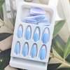 Mkwntg Blue Chrome Press on Nails Medium Almond Fake Nails Glossy Glue on Nails Blue Laser Coffin False Nails Stiletto Aurora Artificial Nails Bling Pearl Flash Acrylic Nails for Women Girls 24Pcs