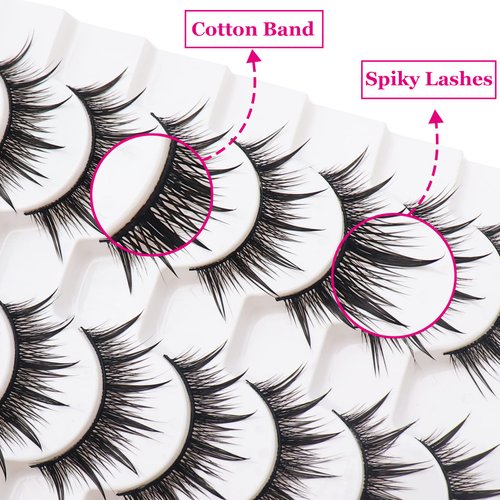 Losha Lashes Spiky False Eyelashes 16mm Wispy Manga Lashes Natural Wet Look 10 Pairs Reusable Fake Eye Lashes Pack (01)