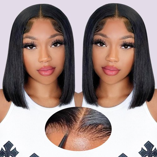 Wear and Go Glueless Bob Wig Human Hair Pre Plucked Pre Cut 4X4 HD Lace Closure Bob Wigs Human Hair For Black Women Straight Short Bob Wigs Human Hair Glueless For Beginners 180% Density 12 inch