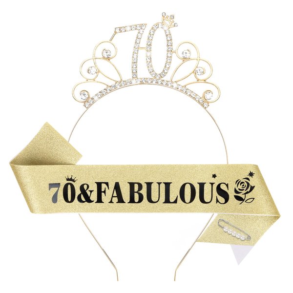 YARIEW 70th Birthday Headband and Birthday Sash + Pearl Pin Set, 70 & Fabulous Crown and Sash, Happy 70th Birthday Decorations for Women, 70th Birthday Gifts for Women, 70th Birthday Party Favor