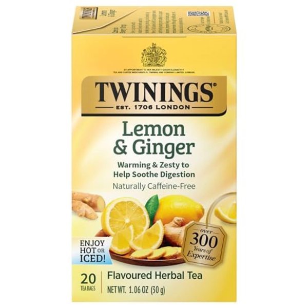 Twinings Lemon & Ginger Individually Wrapped Herbal Tea Bags, 20 Count Pack of 6, Tangy Lemon, Spicy Ginger, Caffeine Free