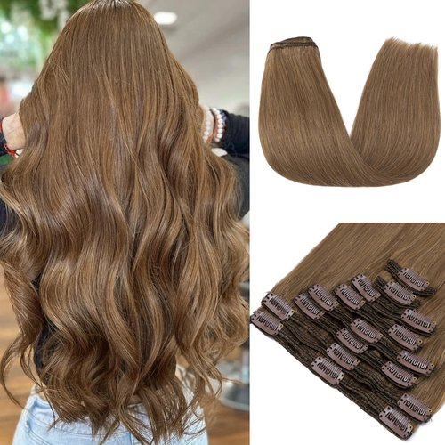 MY-LADY Double Weft Clip in Hair Extensions 100% Remy Human Hair 18 inch 140g 8pcs Light Brown Full Head Thick Human Hair Extension Clip Ins 18clips Grade 7A Quality Silky Straight #6