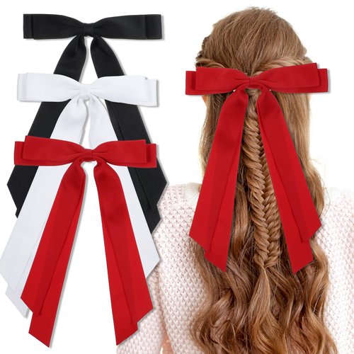 3PCS Silky Satin Hair Bows Clip Bowknot Hair Ribbon Long Tail Tassel Ponytail Holder French Hair Barrettes Big Bows Hairpins Metal Hair Accessories for Women Girls Christmas Birthday