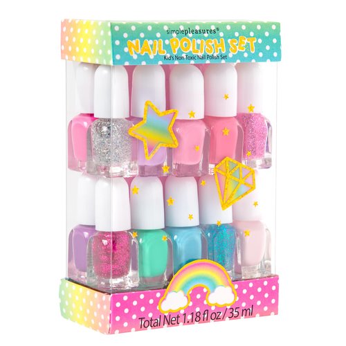 SIMPLE PLEASURES 14 Piece Nail Polish Tower - 14 Assorted Water Based Nail Polish Shades, Gift Set for Girls Ages 7-12, Unicorn Glitter Rainbow