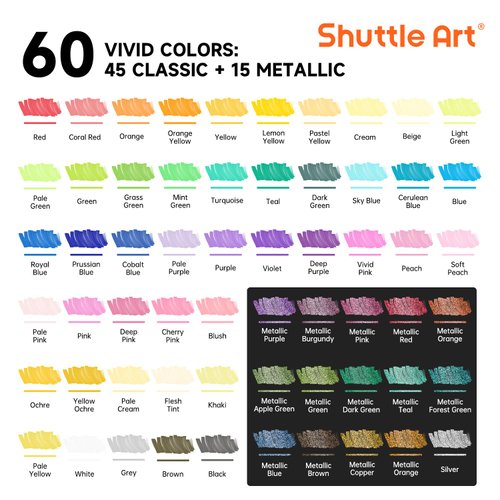 Shuttle Art 60 Colors Dual Tip Acrylic Paint Markers, Brush Tip and Fine Tip Acrylic Paint Pens for Rock Painting, Ceramic, Wood, Canvas, Plastic, Glass, Stone, Calligraphy, Card Making, DIY Crafts