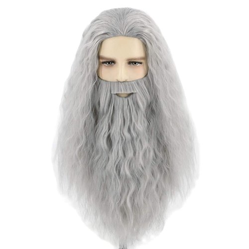Topcosplay Mens Wigs and Beard Long Gray Cosplay Halloween Costume Wig