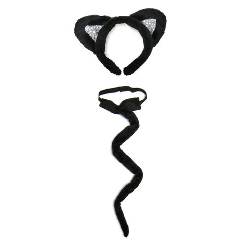 SeasonsTrading Deluxe Black Sequin Cat Ears & Long Tail Costume Set - Party Kit