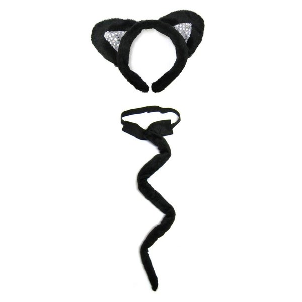 SeasonsTrading Deluxe Black Sequin Cat Ears & Long Tail Costume Set - Party Kit