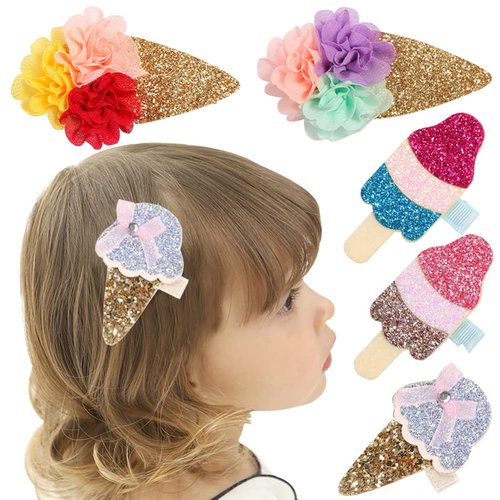 5PCs Shiny Ice Cream Hair Clips Ponytail Holder Barrettes Clamps Hairpin Barrette Hair Pins Sequins Hair Jewelry School Daily Hairpin Handmade Hair Accessories Decorations (Random Color)